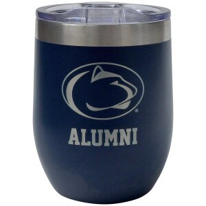 navy wine tumbler with etched Penn State Athletic Logo above Alumni